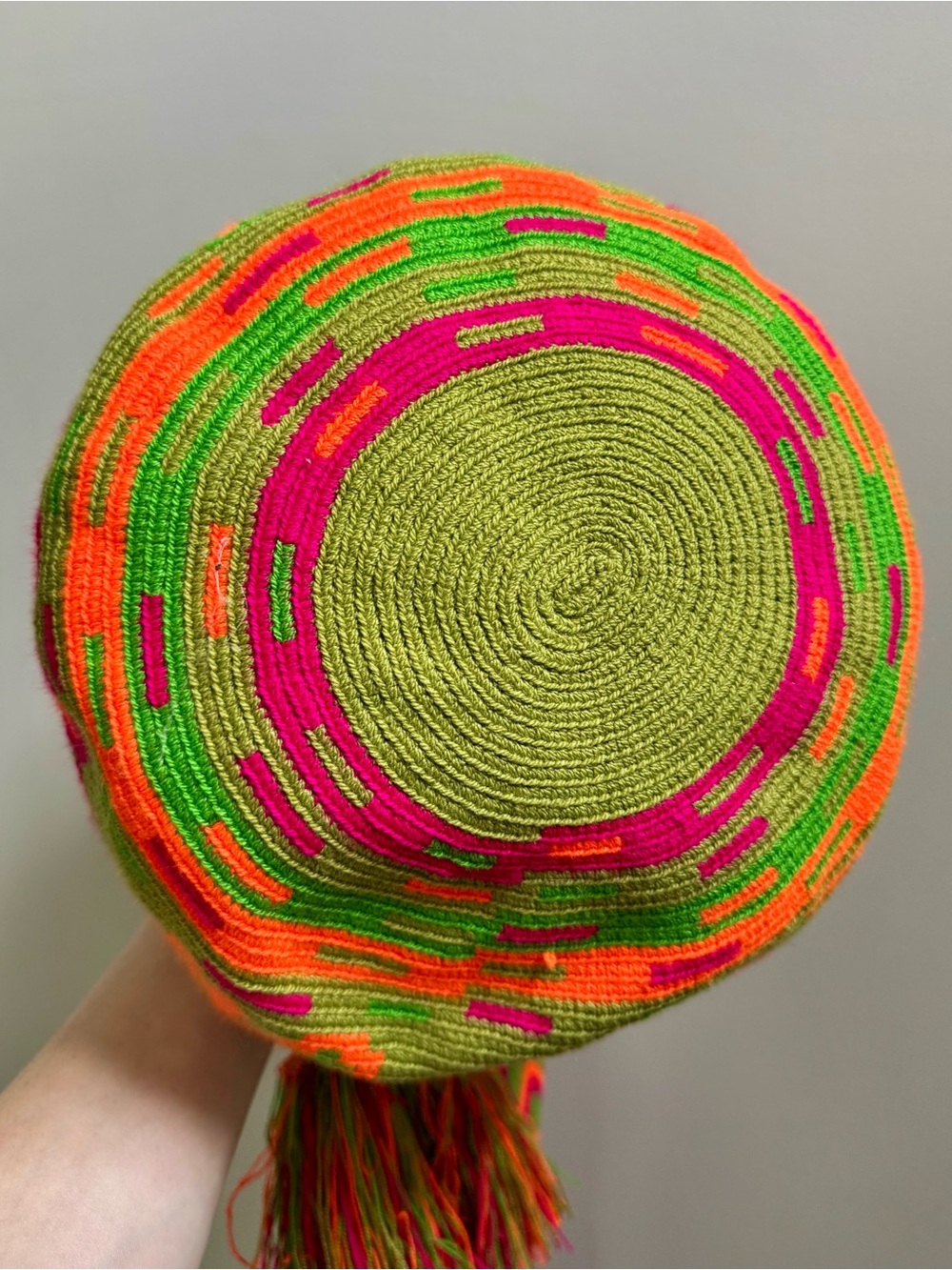 Colombian Wayuu Mochila Crossbody Bag | Green & Neon Pink Knit (Handwoven Boho) - Picture 13 of 17